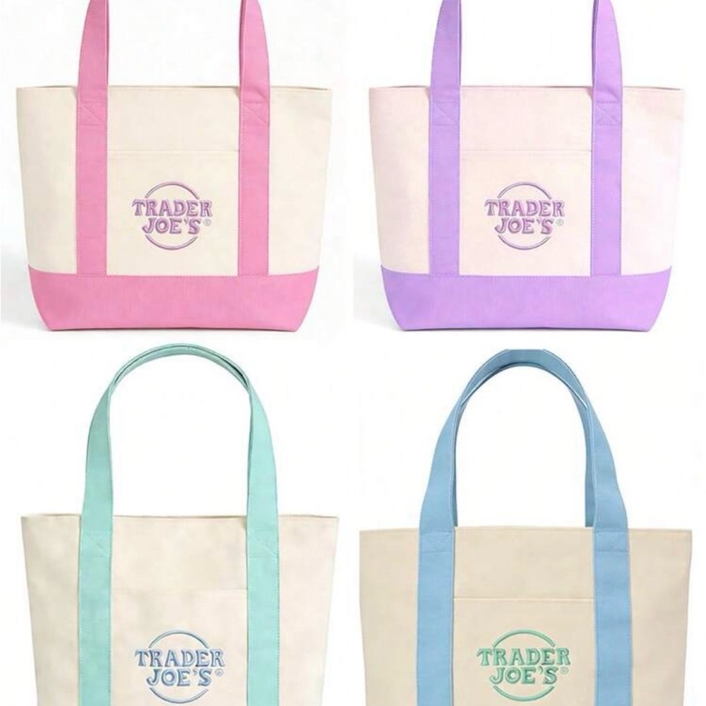 Four (4) Trader Joe’s Canvas Tote Bags-Spring Pastel Blue, Pink, Purple & Green